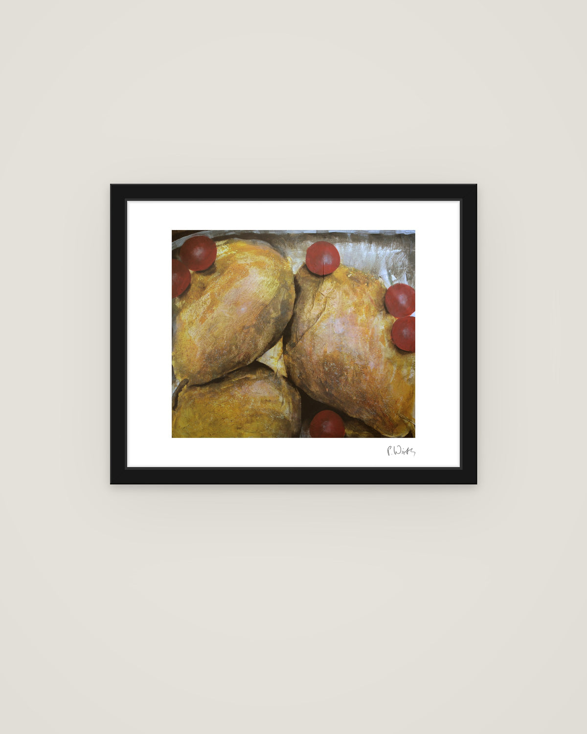 Pears and Red Grapes by Peter Wirth, framed in slim black wood with acrylic glazing