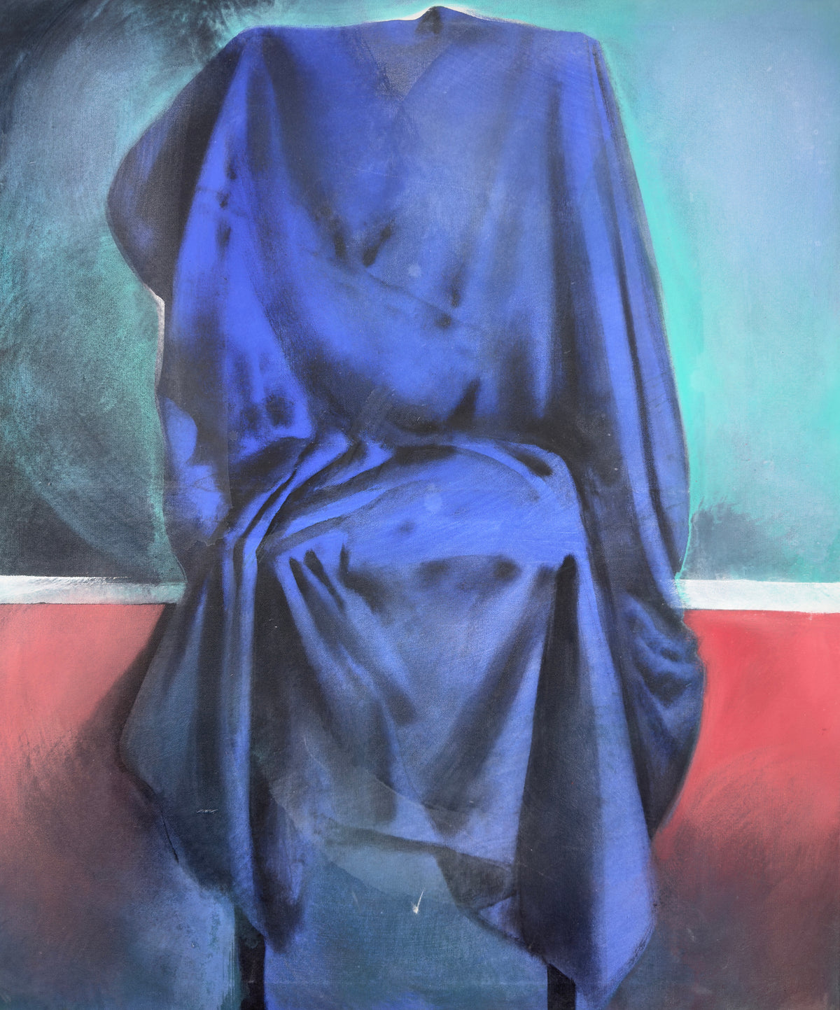 An ultramarine cloth over a chair, before turquoise and a field of red — Peter Wirth