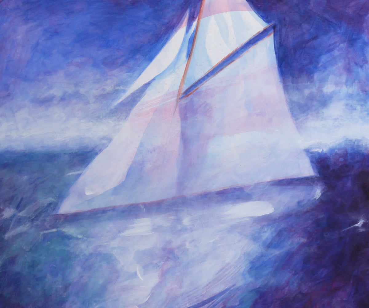 Bright sails against violet and ultramarine, mirrored in the water — Peter Wirth