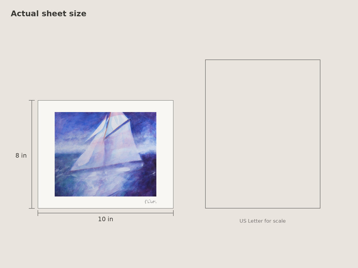 “Under Sail in Violet” by Peter Wirth, sheet size 8 × 10 in beside a US Letter sheet
