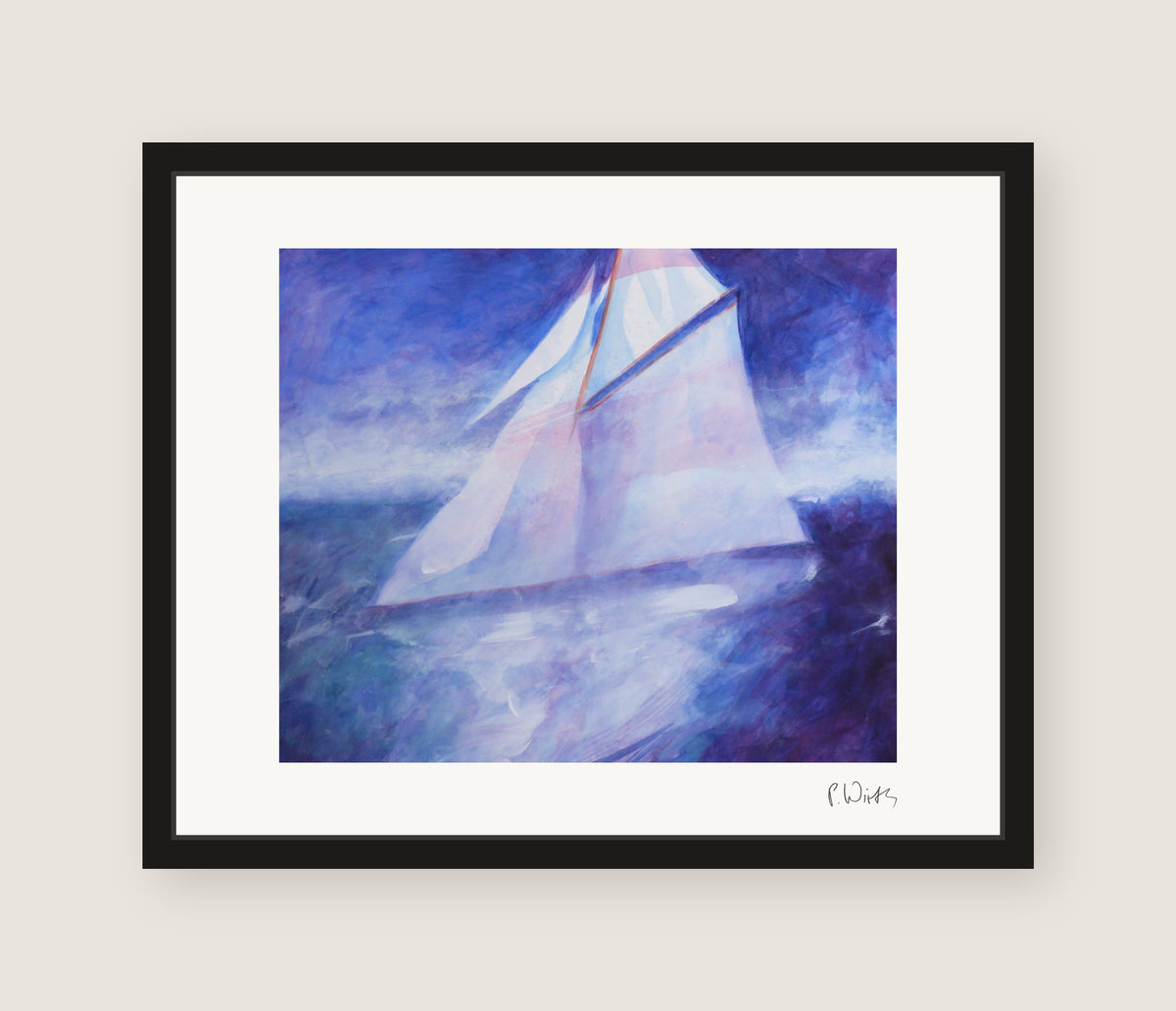 „Unter Segeln in Violett“ von Peter Wirth, gerahmt im schmalen schwarzen Holzrahmen, ohne Glas und ohne Passepartout