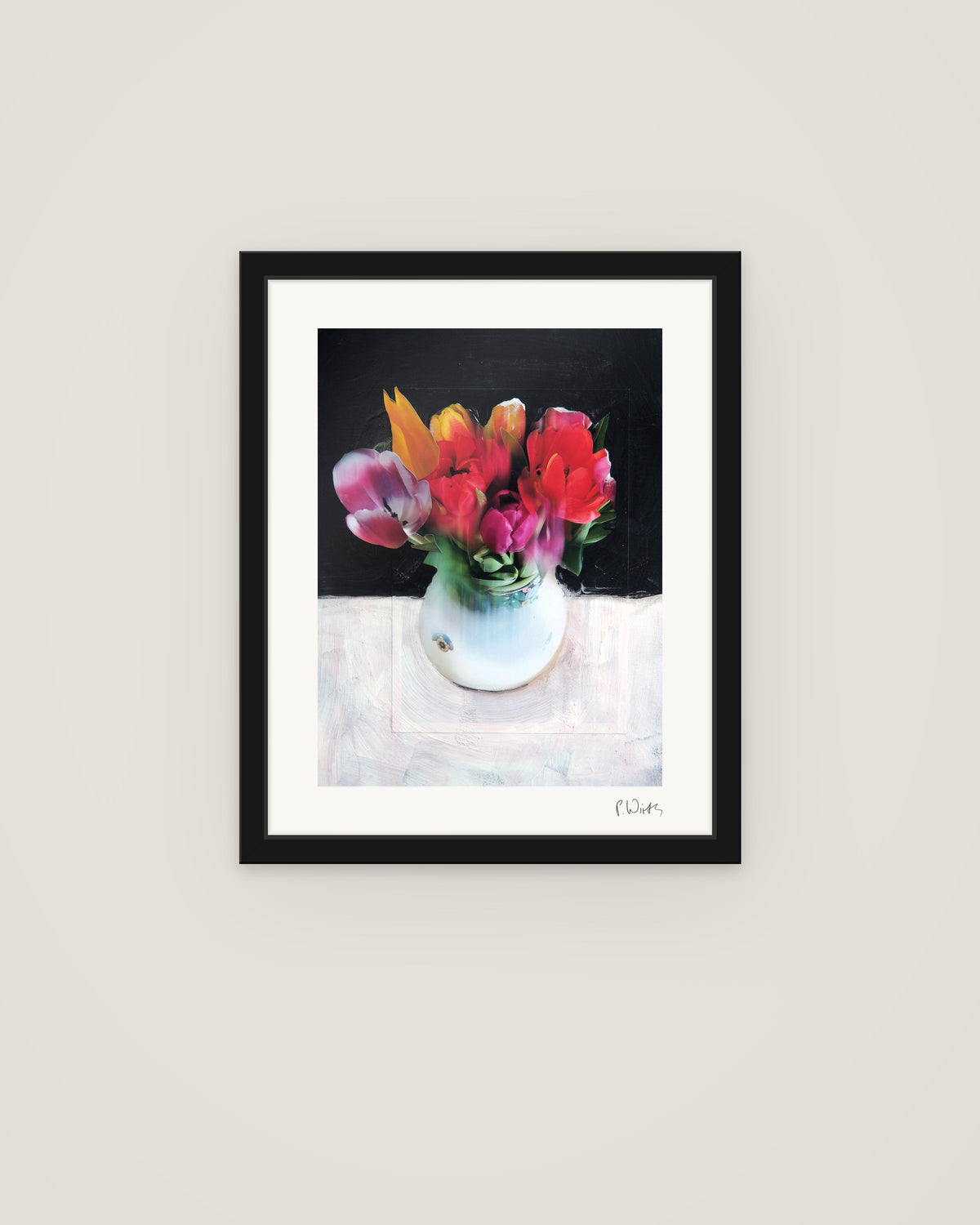 Tulips X by Peter Wirth, framed in slim black wood with acrylic glazing