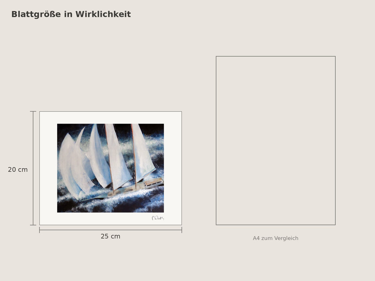 „Weiße Segel bei Nacht“ von Peter Wirth, Blattgröße 20 × 25 cm neben einem A4-Blatt