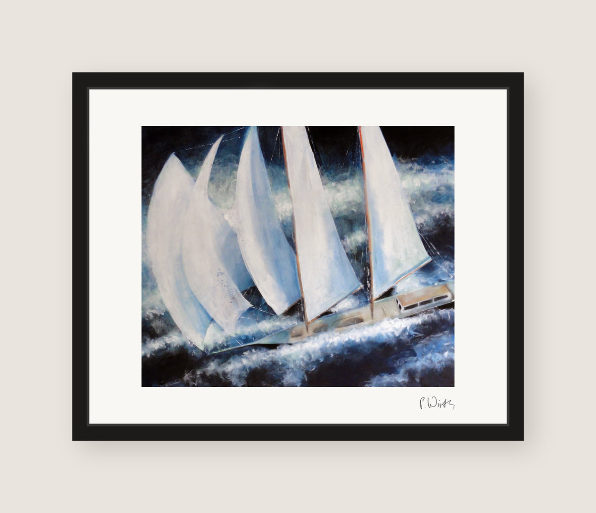 “White Sails at Night” by Peter Wirth, framed in slim black wood with acrylic glazing, no mat
