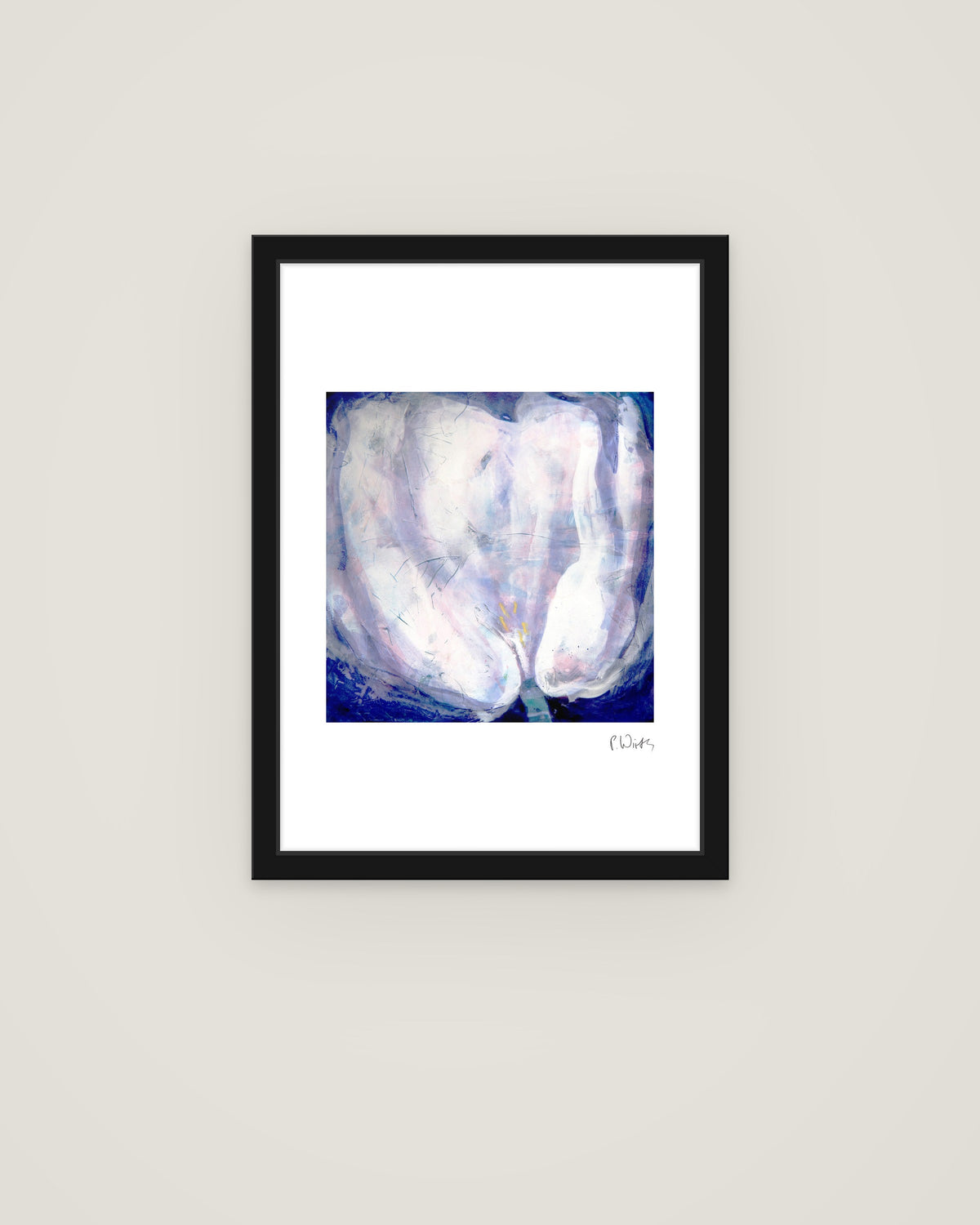 White Tulip on Ultramarine by Peter Wirth, framed in slim black wood with acrylic glazing