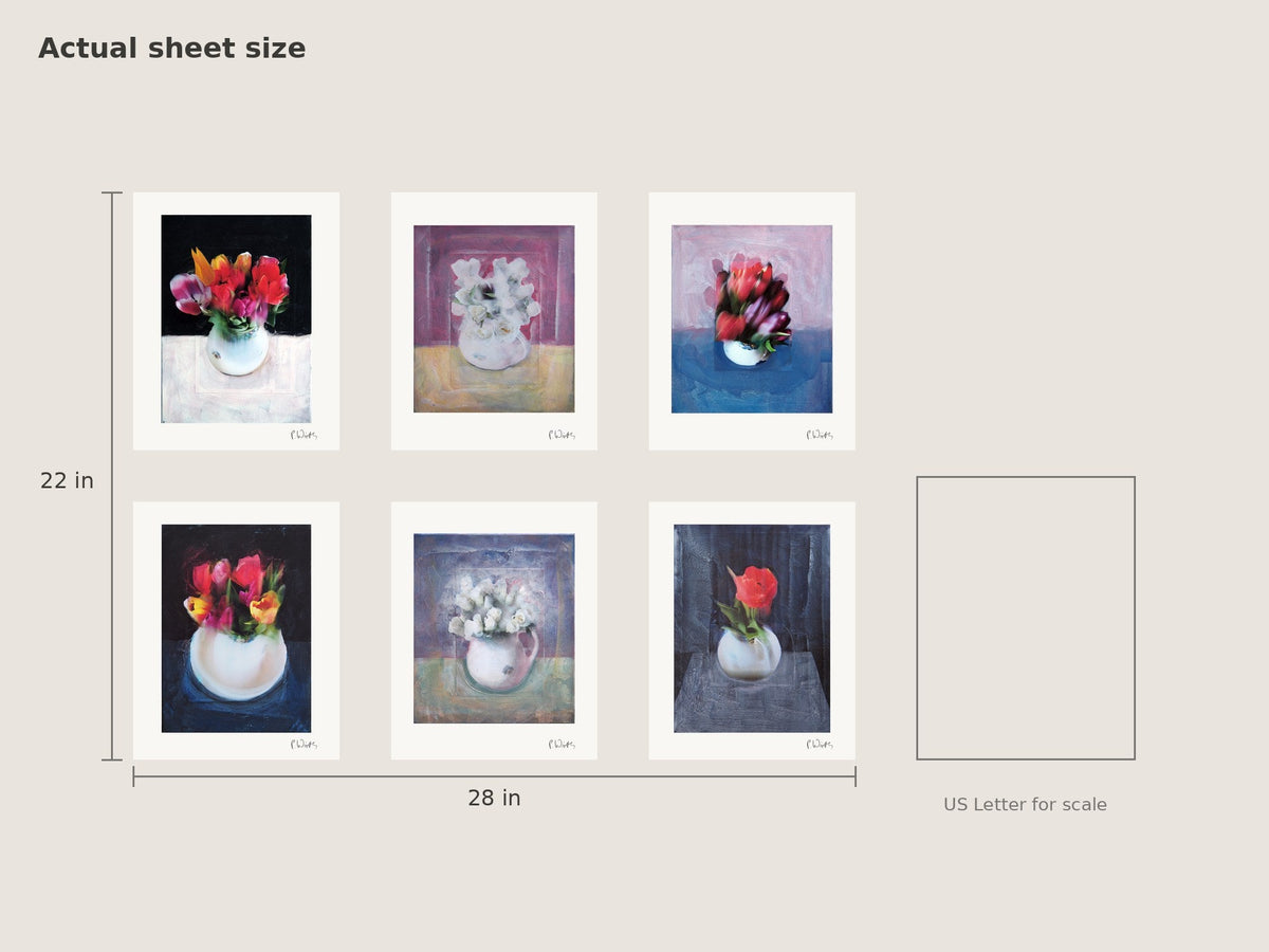 The White Vase · Six by Peter Wirth, hanging 28 × 22 in beside a US Letter sheet