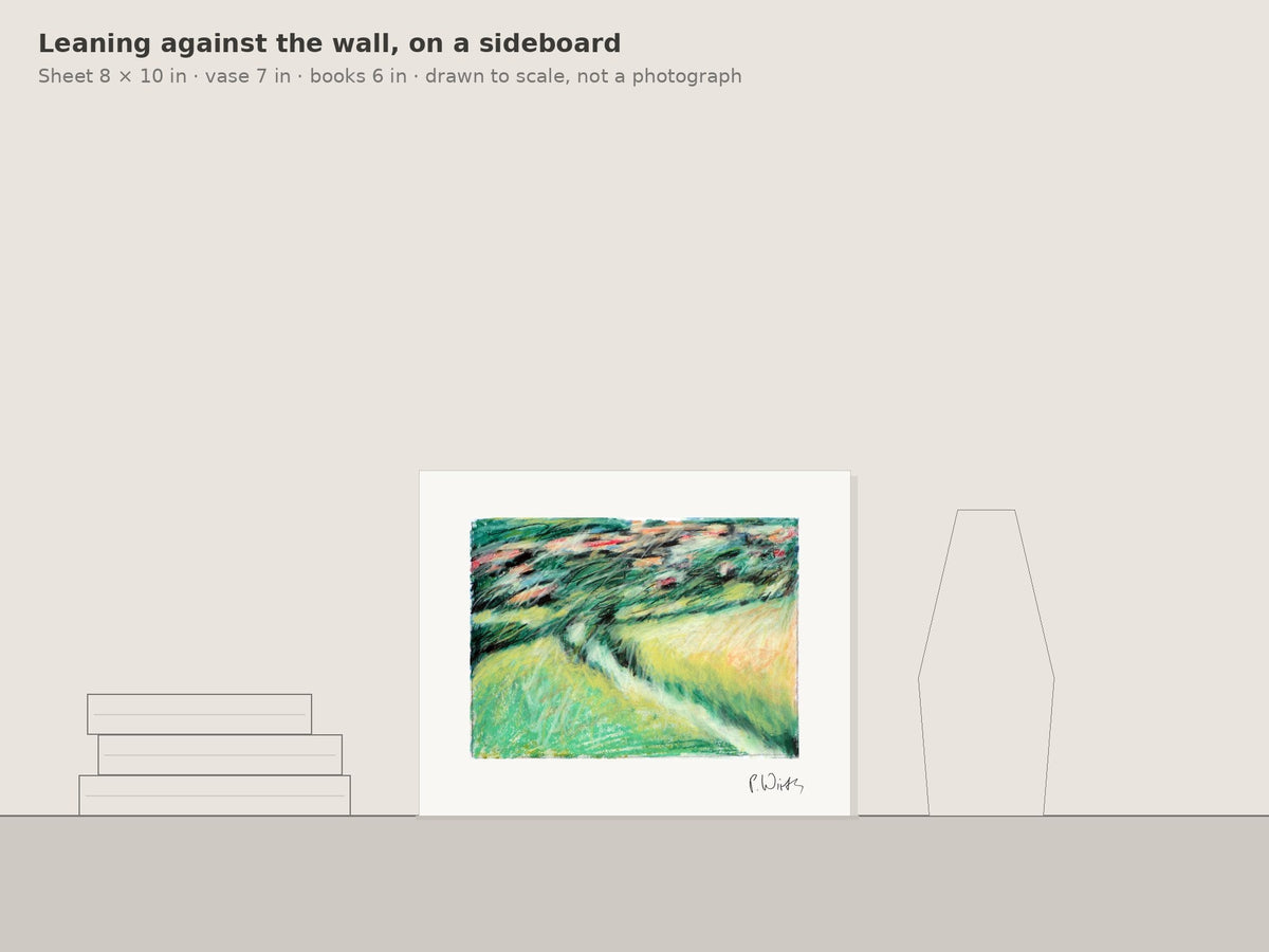 Wind over Glowing Fields by Peter Wirth, leaning against the wall on a sideboard, drawn to scale
