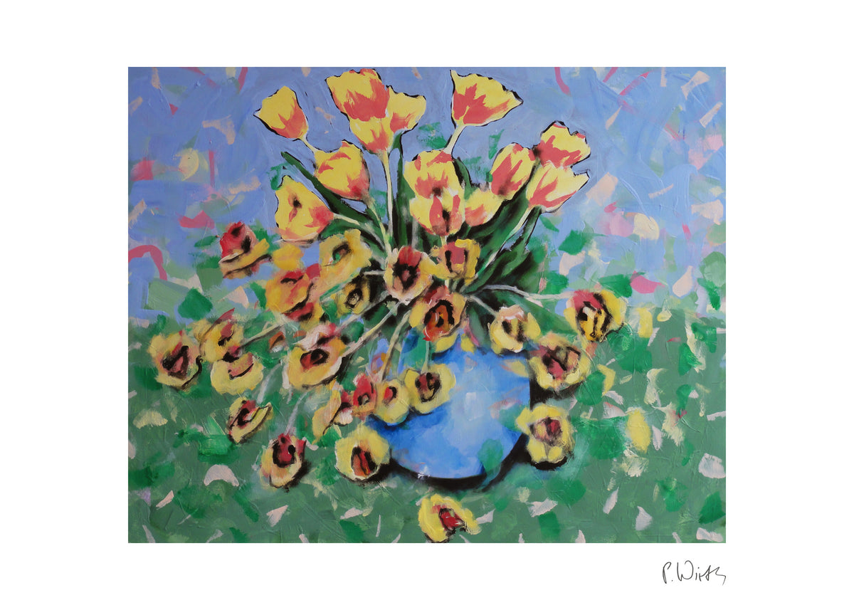 Yellow Tulips in a Blue Vase — fine art print after Peter Wirth, sheet with white border and signature
