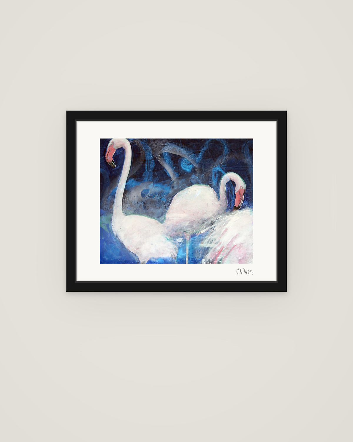 Drei Flamingos von Peter Wirth, im schmalen schwarzen Holzrahmen