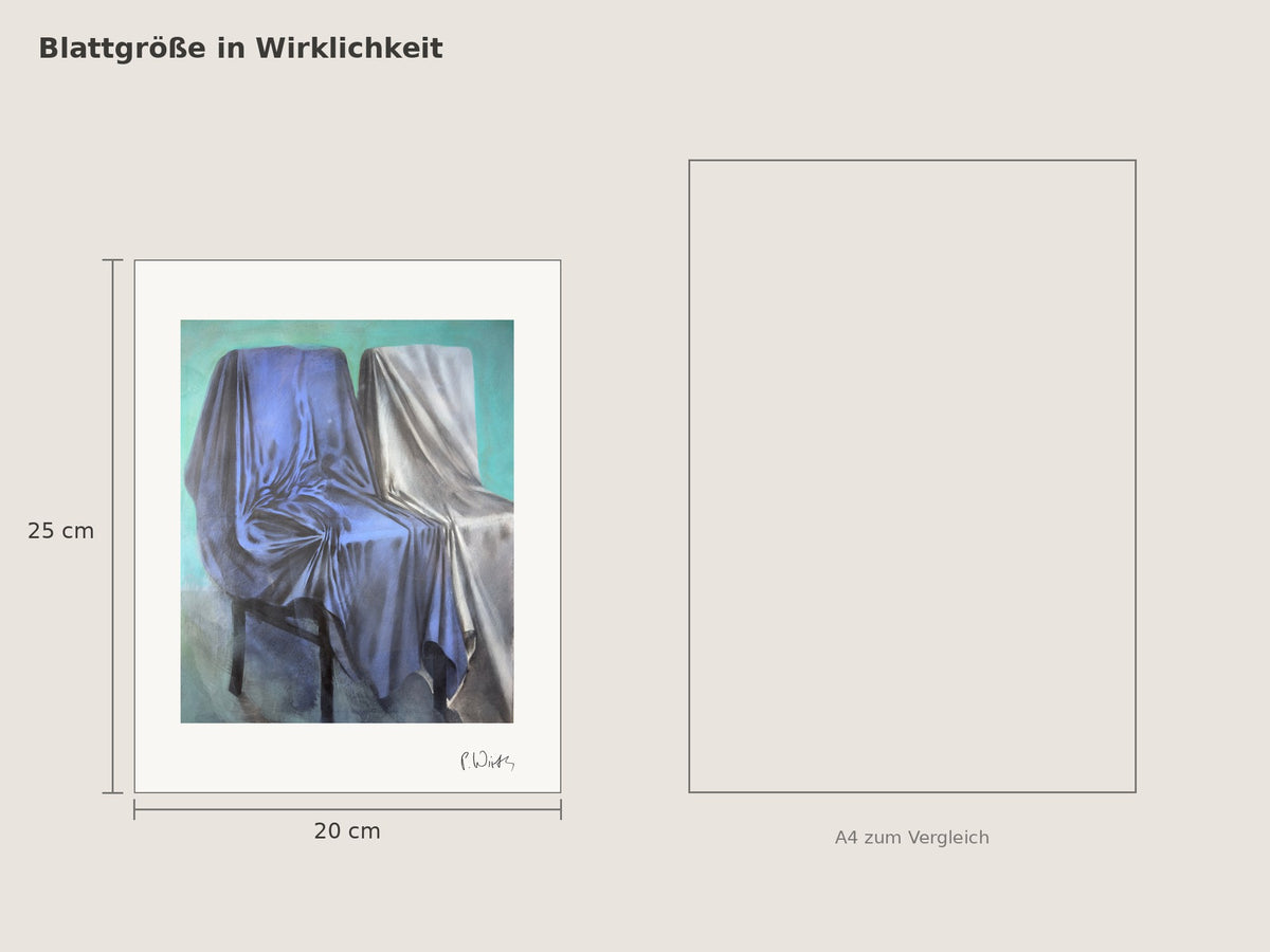„Zwei Stühle, Blau und Weiß“ von Peter Wirth, Blattgröße 20 × 25 cm neben einem A4-Blatt