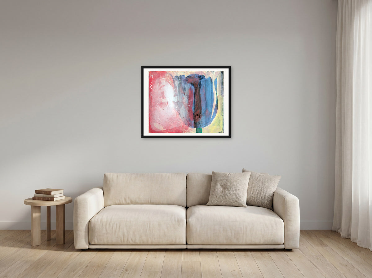 Floral Abstraction II by Peter Wirth, framed in black wood, hanging on a wall