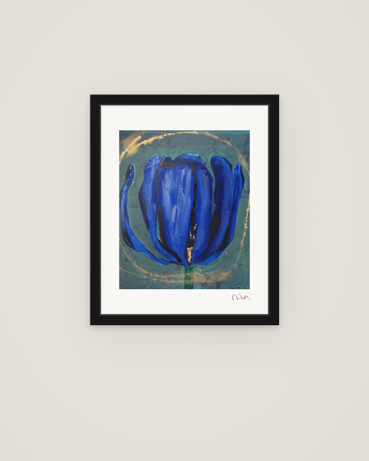 Blue Tulip by Peter Wirth, framed in slim black wood with acrylic glazing