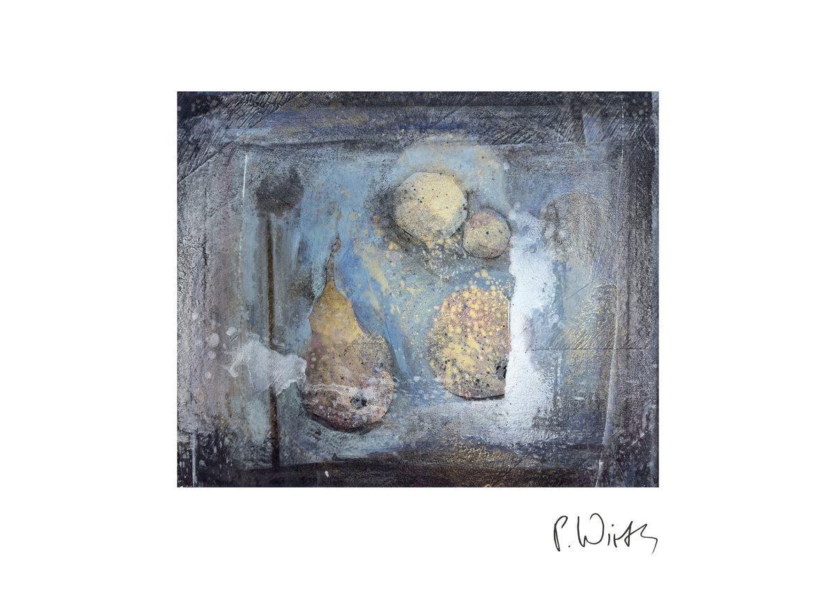 Birne und Früchte auf Blau — Fine-Art-Druck nach Peter Wirth, Blatt mit weißem Rand und Signatur
