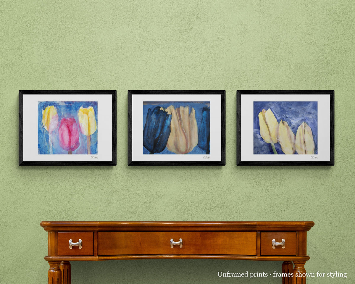 Blue and Gold · Three by Peter Wirth, the set shown framed on a wall – unframed prints, frames shown for styling