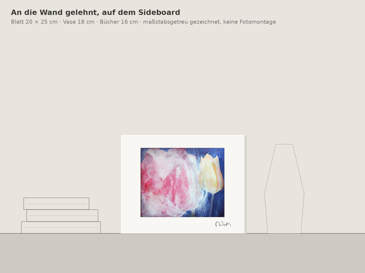 Blüten I von Peter Wirth, an die Wand gelehnt auf einem Sideboard, maßstabsgetreu gezeichnet