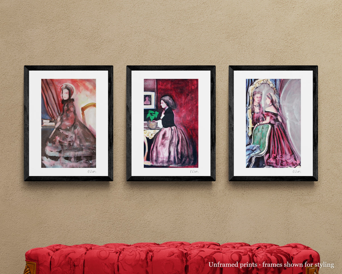 Burgundy II · Three by Peter Wirth, the set shown framed on a wall – unframed prints, frames shown for styling