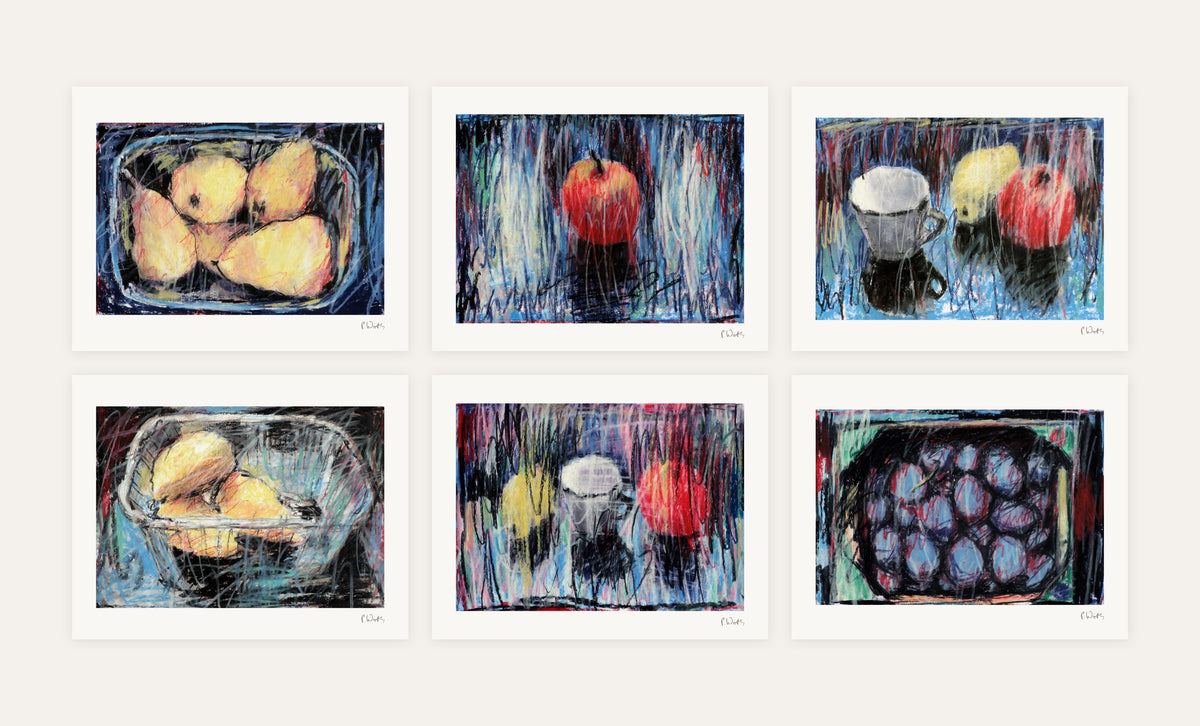 The Chalk Still Lifes · Six – every sheet of the set with its white margin and printed signature, laid out side by side