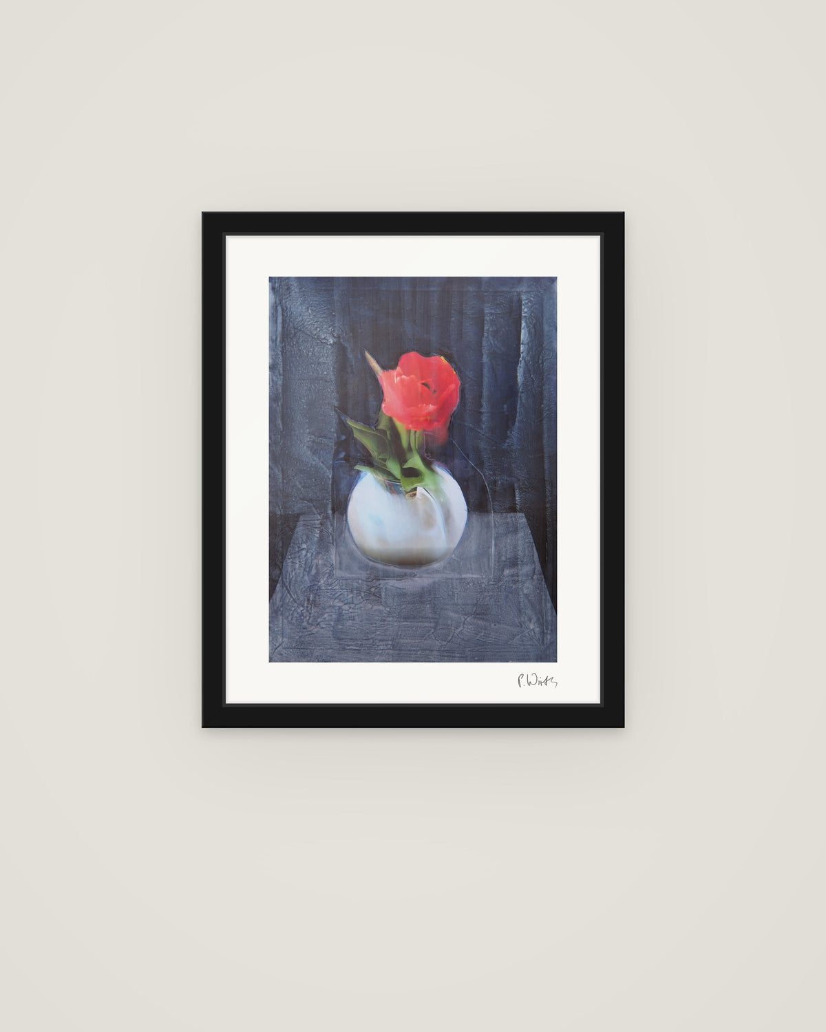 Red Tulip by Peter Wirth, framed in slim black wood with acrylic glazing