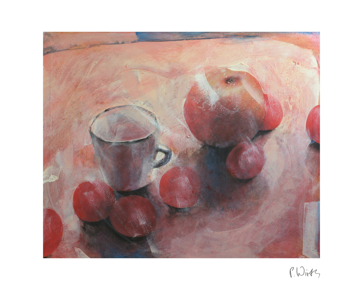 Cup and Red Fruit — fine art print after Peter Wirth, sheet with white border and signature