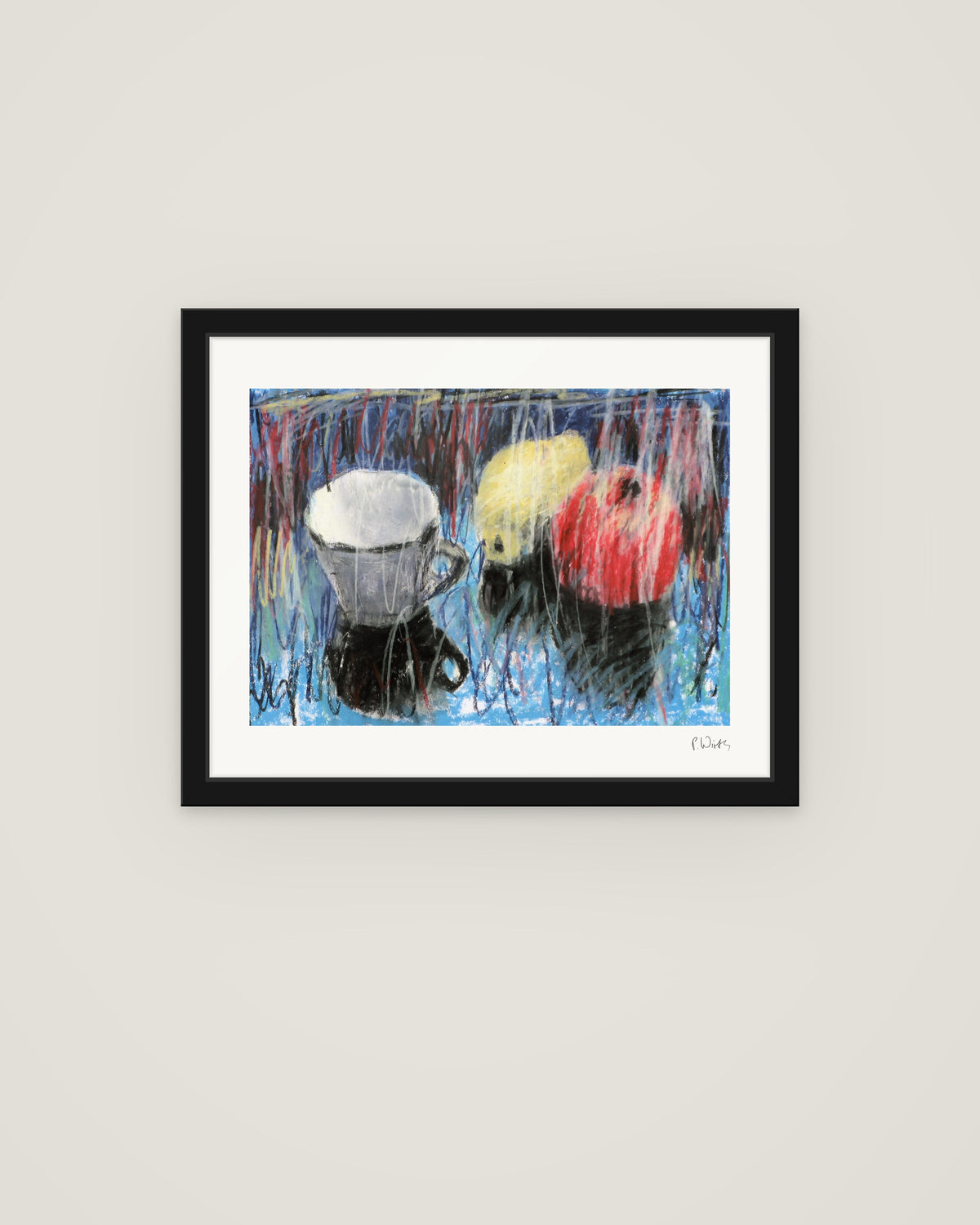 Cup, Pear, Apple by Peter Wirth, framed in slim black wood with acrylic glazing