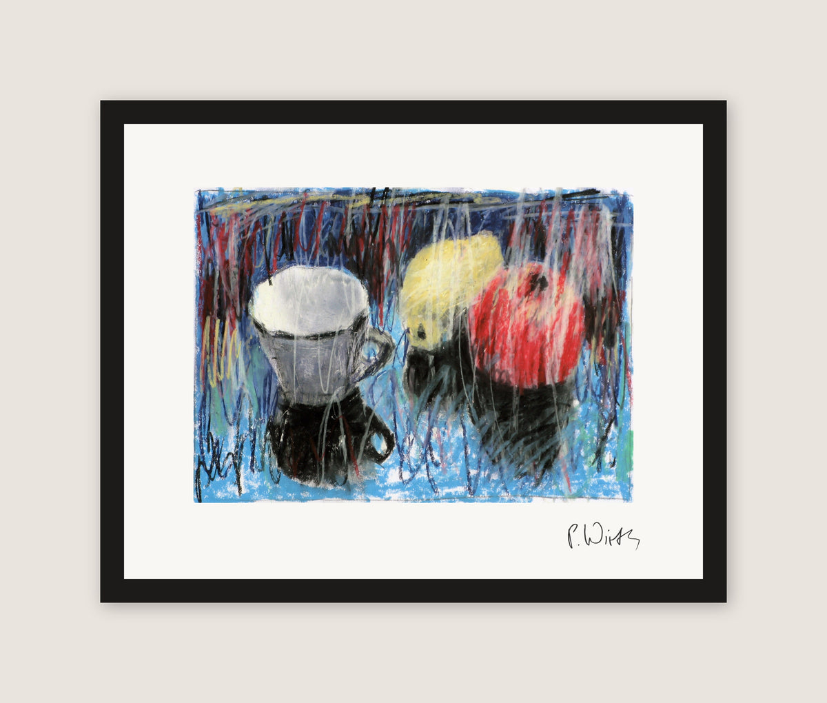 Cup, Pear, Apple by Peter Wirth, framed in black wood, no mat