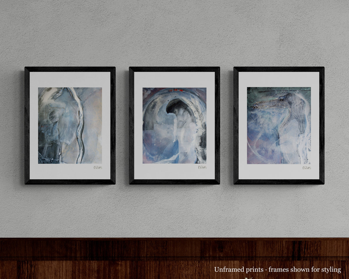 Dark Guardians · Three by Peter Wirth, the set shown framed on a wall – unframed prints, frames shown for styling