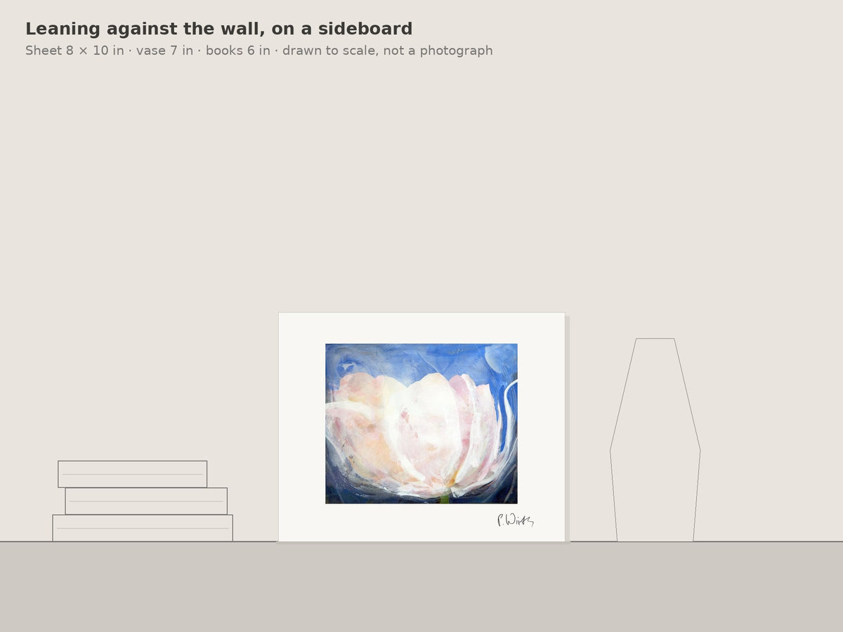 Blossom I by Peter Wirth, leaning against the wall on a sideboard, drawn to scale