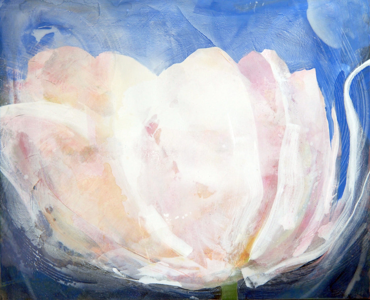 A large-scale, expressive depiction of a delicate bloom against a deep blue background, quiet with its impasto style and subtle color nuances — Peter Wirth