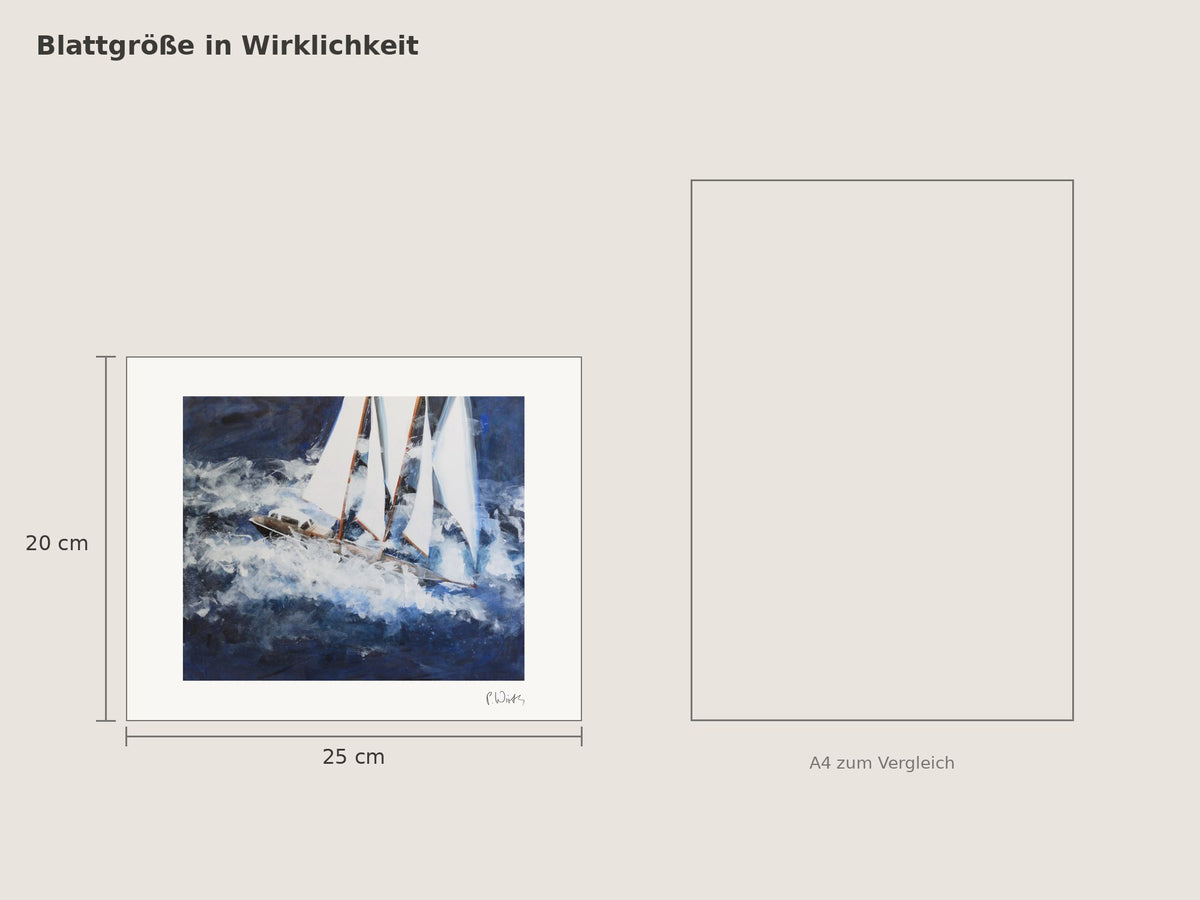 „Durch weißes Wasser“ von Peter Wirth, Blattgröße 20 × 25 cm neben einem A4-Blatt