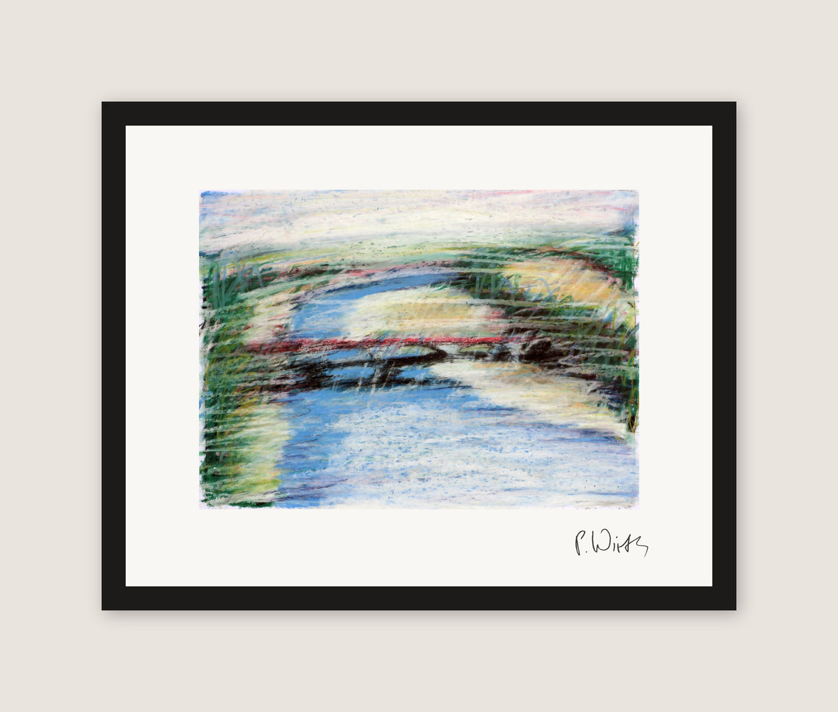 Echo der roten Brücke von Peter Wirth, in schwarzem Holz gerahmt, ohne Passepartout
