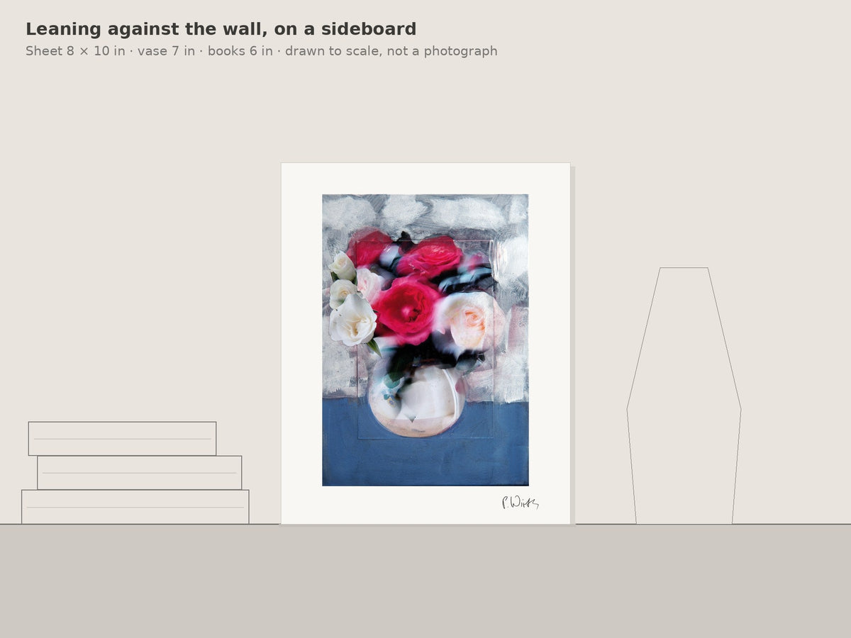 Roses by Peter Wirth, leaning against the wall on a sideboard, drawn to scale