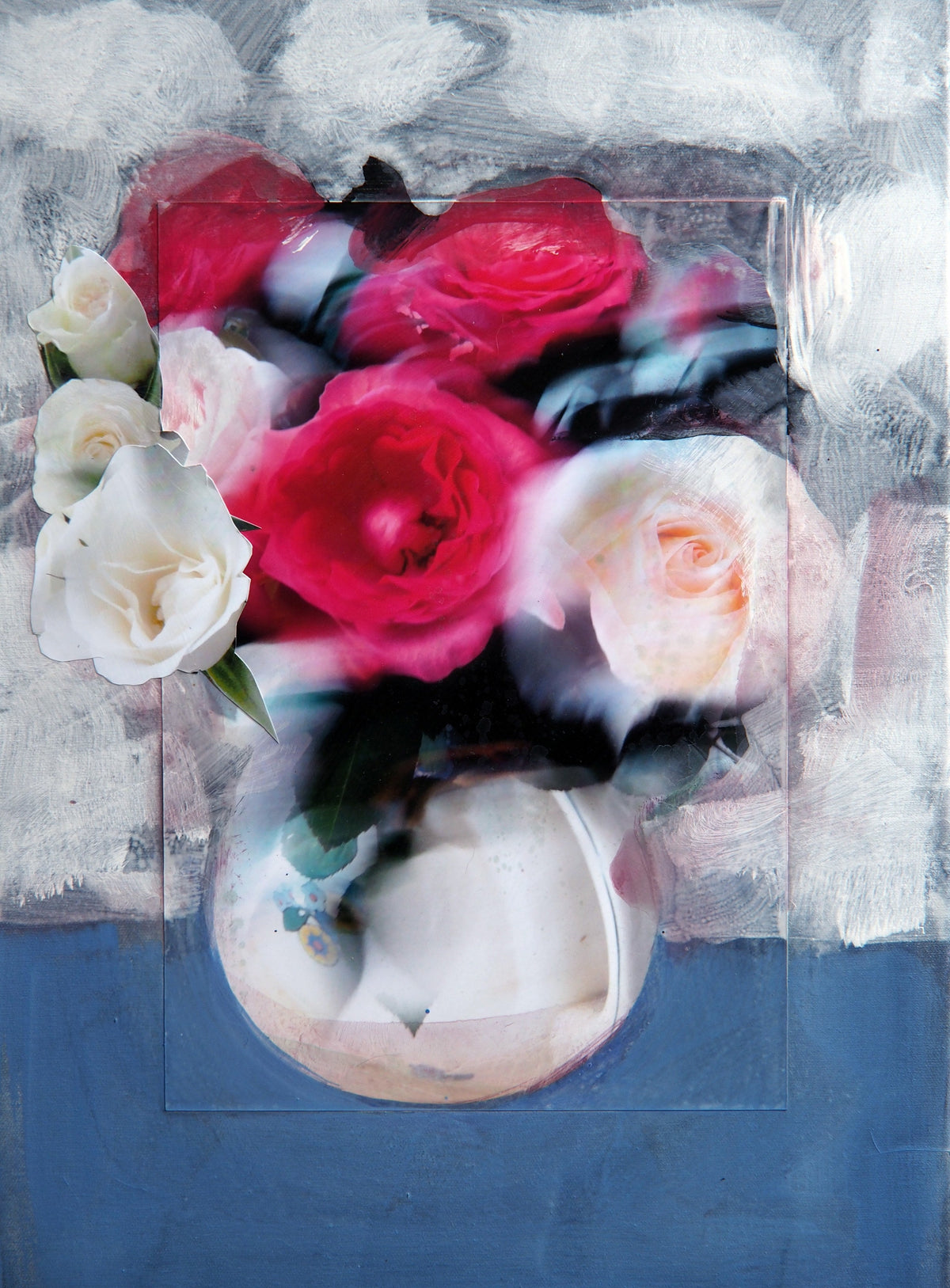 A quiet mixed-media piece combining photography, collage, and acrylics to offer a contemporary deconstruction of the classic rose still life — Peter Wirth