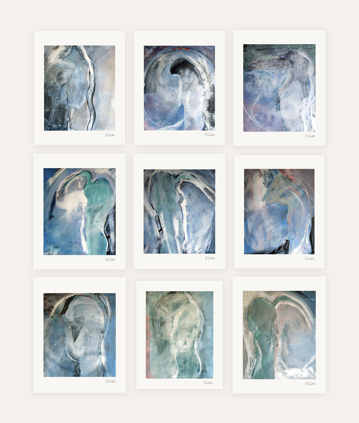 Egyptian Guardians · Nine – every sheet of the set with its white margin and printed signature, laid out side by side