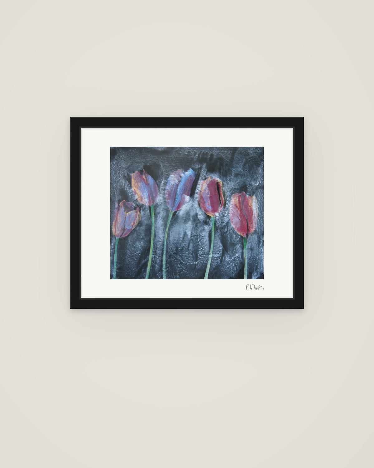 Five Tulips by Peter Wirth, framed in slim black wood with acrylic glazing