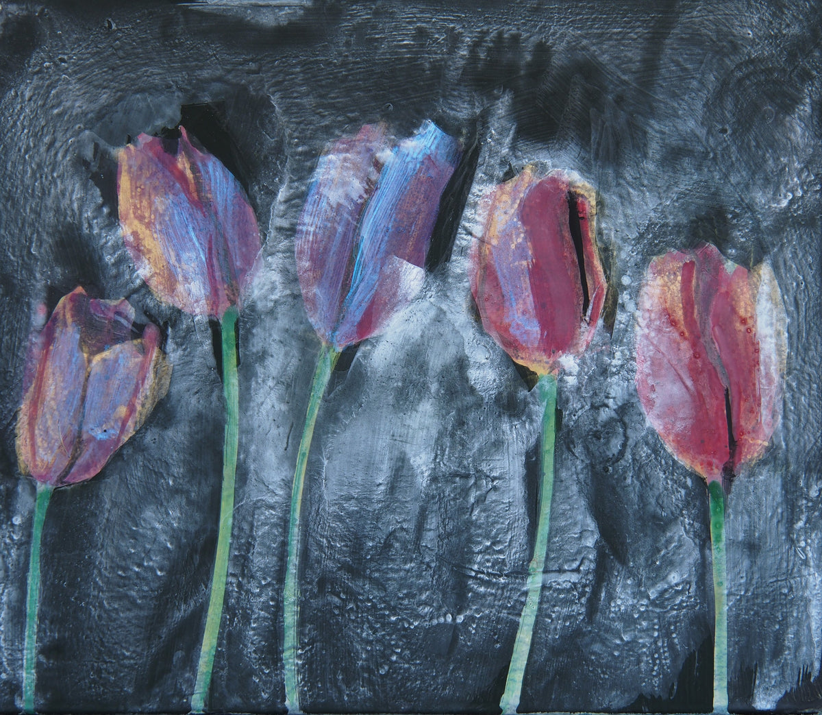 Five saturated tulips against a heavily textured, dark background. An expressive still life with a strong material character — Peter Wirth