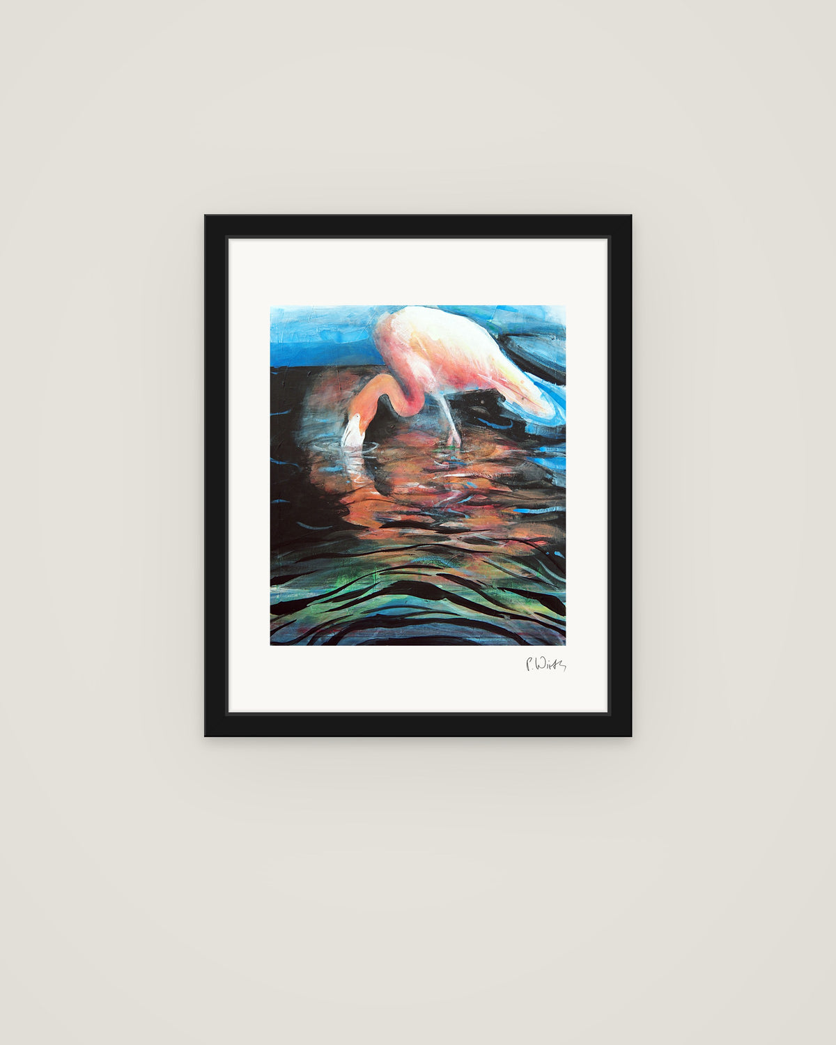 Flamingo I von Peter Wirth, im schmalen schwarzen Holzrahmen