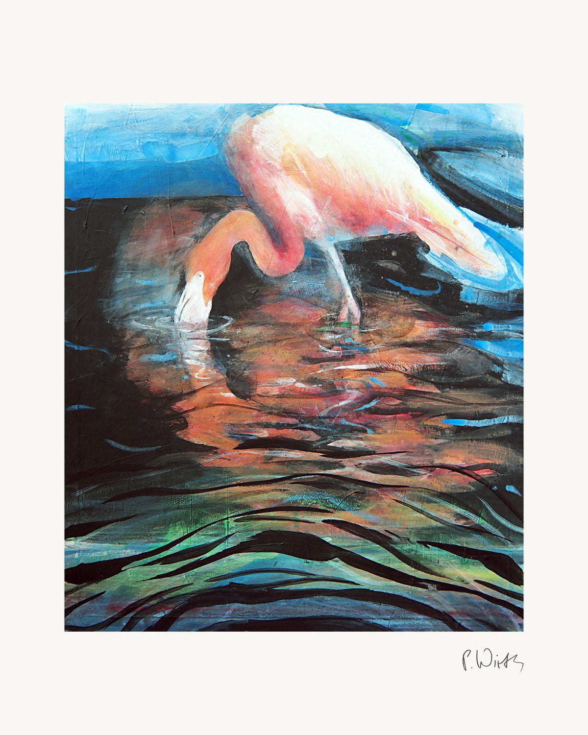 Flamingo I von Peter Wirth, das ganze Blatt mit weißem Rand und gedruckter Signatur