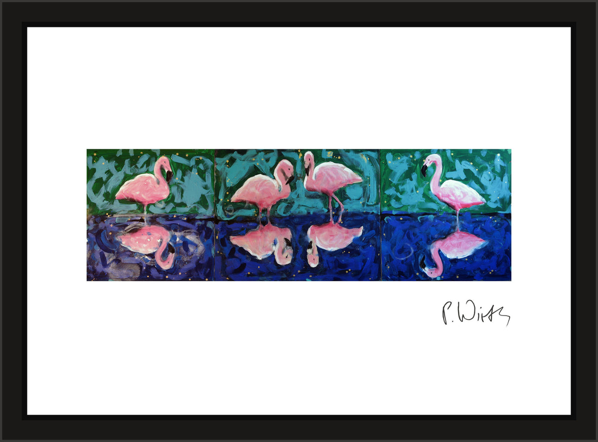 Flamingos behind Green — framed in narrow black wood with acrylic glazing, no mount