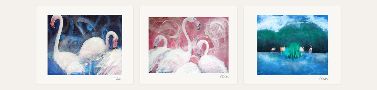 Flamingos · Drei – alle Blätter des Satzes mit weißem Rand und gedruckter Signatur, liegend nebeneinander