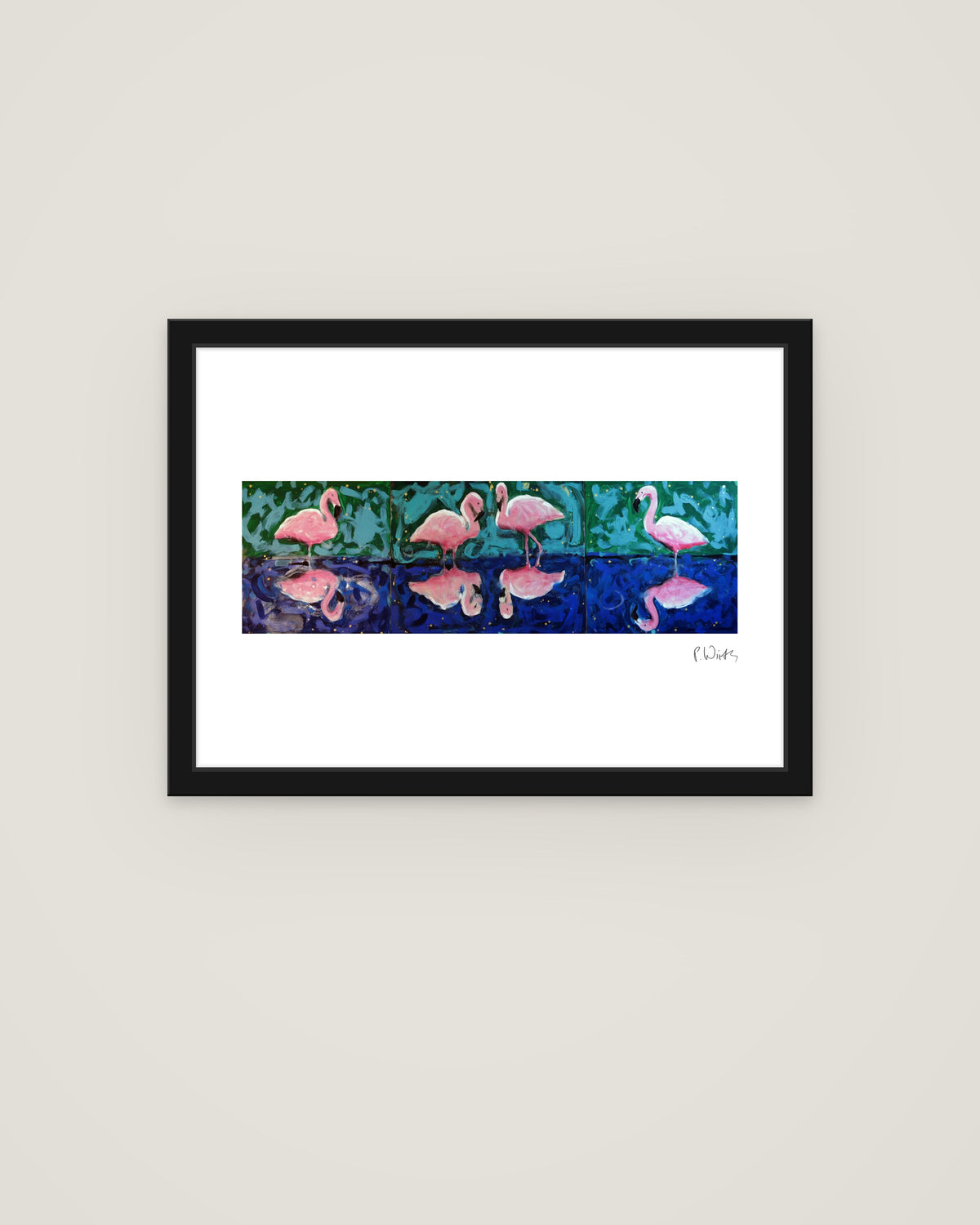 Flamingos hinter Grün von Peter Wirth, im schmalen schwarzen Holzrahmen