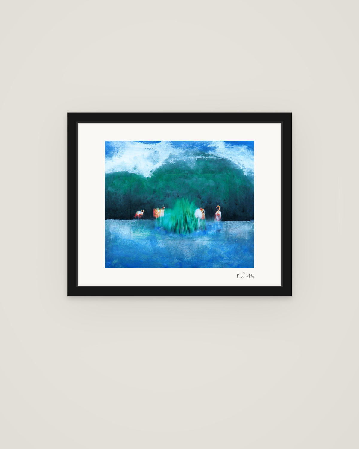 Flamingos III von Peter Wirth, im schmalen schwarzen Holzrahmen