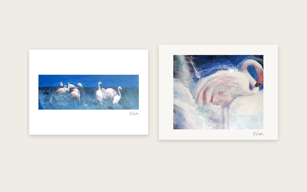 Flamingos in Blue by Peter Wirth, a set of 2 prints shown side by side