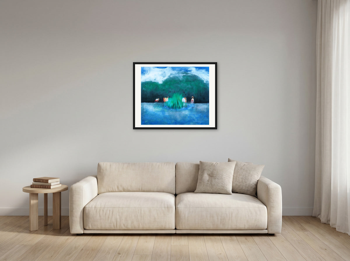Flamingos III by Peter Wirth, framed in black wood, hanging in a living room