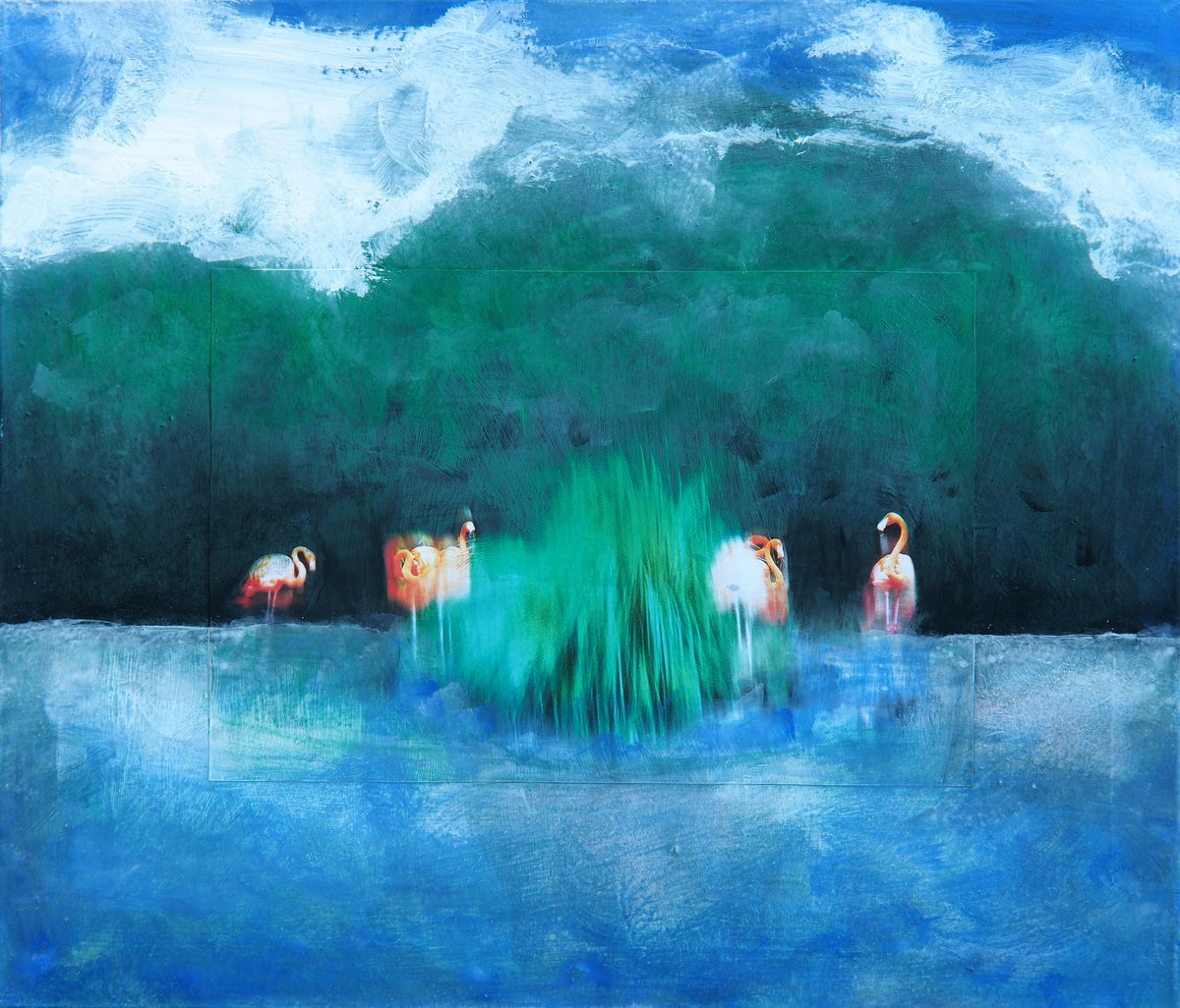 Flamingos zwischen Grün und Blau, in der Mitte ein leuchtend grüner Aufbruch — Peter Wirth