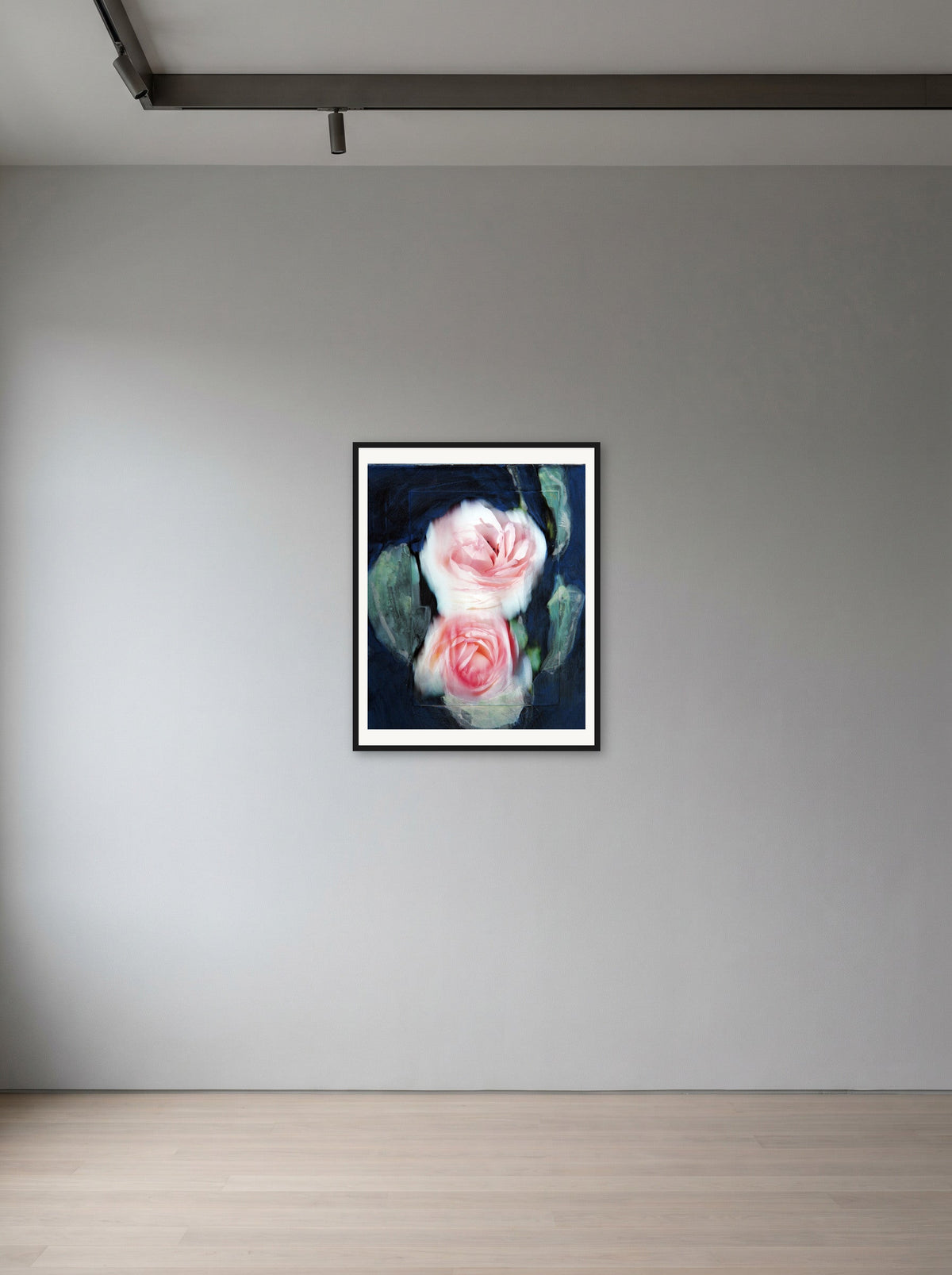 Two Pink Roses by Peter Wirth, framed in black wood, hanging in a gallery