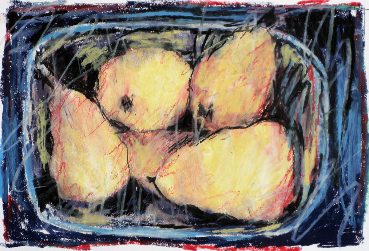 Four yellow pears in a blue-rimmed dish on dark blue — Peter Wirth