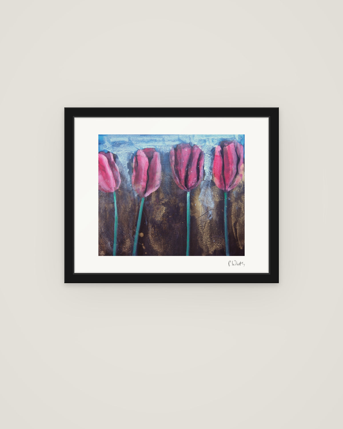 Tulips V by Peter Wirth, framed in slim black wood with acrylic glazing