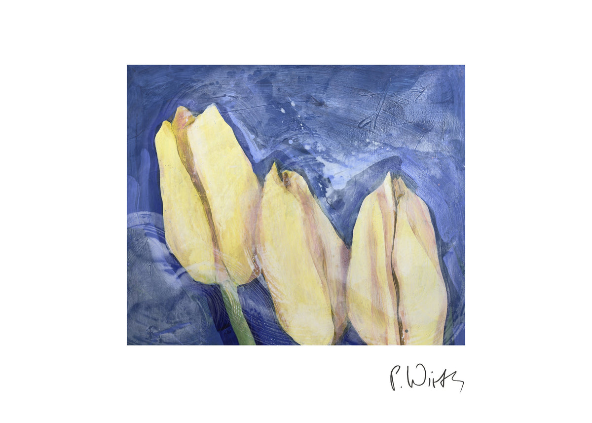 Vier gelbe Tulpen — Fine-Art-Druck nach Peter Wirth, Blatt mit weißem Rand und Signatur
