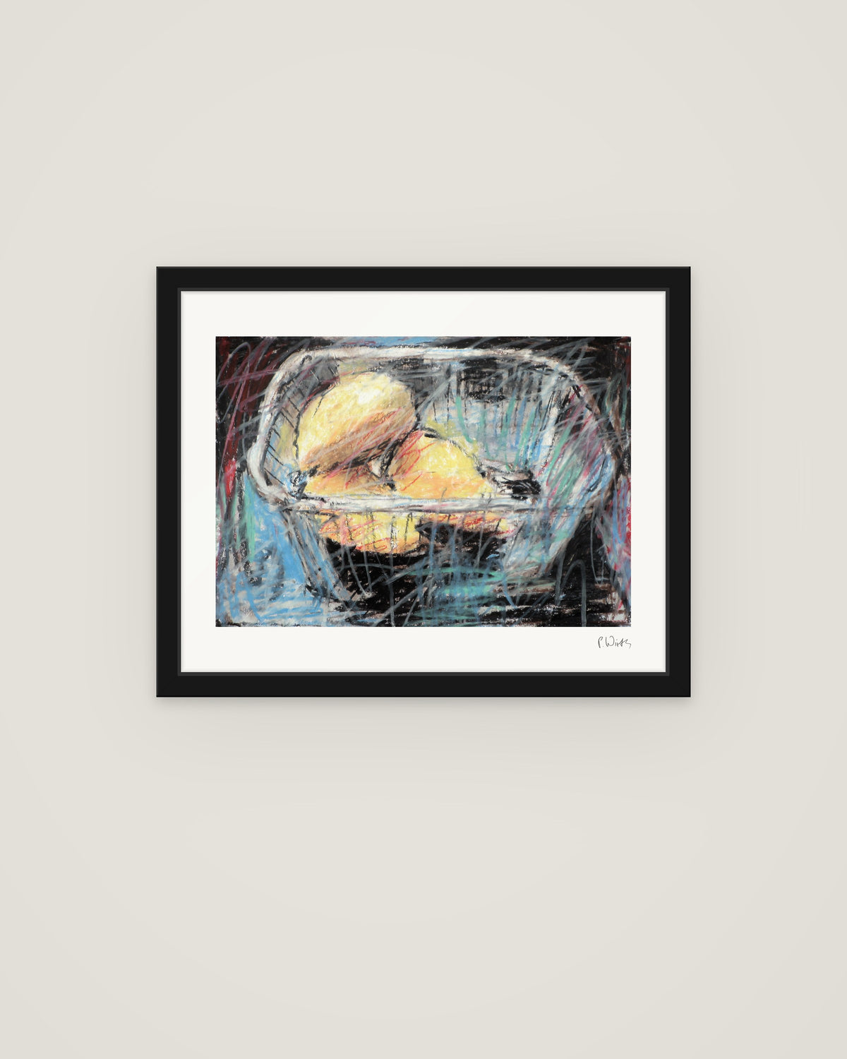 Fruit in a Wire Basket by Peter Wirth, framed in slim black wood with acrylic glazing