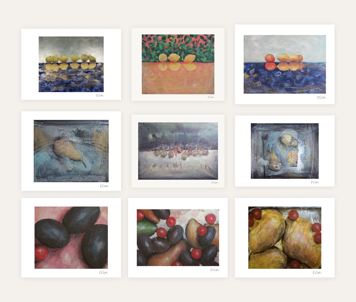 Fruit · Nine – every sheet of the set with its white margin and printed signature, laid out side by side